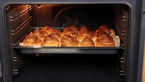 Removing cinnabons from oven on baking sheet. Freshly baked cinnamon rolls made from yeast dough release warm steam. Concept of homemade baking, sweet aroma, and delicious treats. - Powered by Shutterstock - Get 15% off with code: PIKWIZARD15
