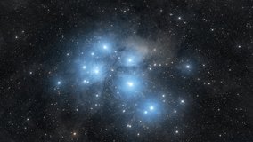 Cosmic journey through a real space star cluster. Digital animation of my own Astrophotography of M45 As known as Pleiades. Open star cluster with hot blue stars surrounded by faint reflection - Powered by Shutterstock - Get 15% off with code: PIKWIZARD15