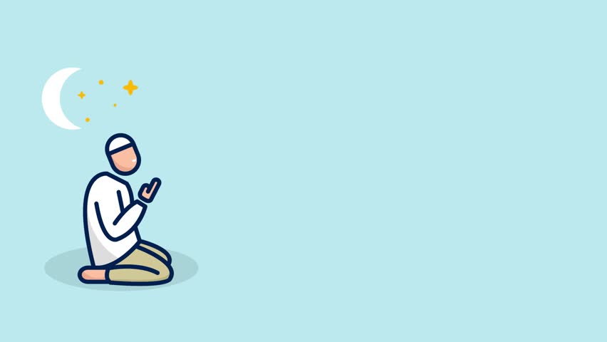 Animated Muslim man praying on blue pastel background
