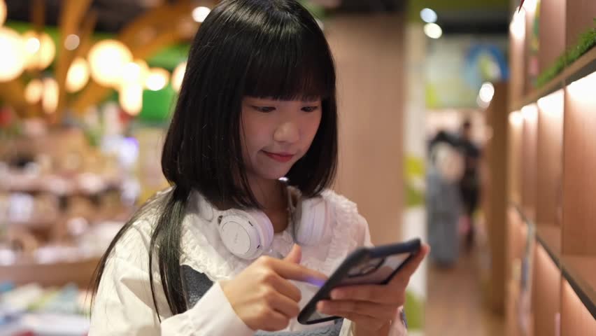 A Taiwanese woman in her 20s shops at a souvenir shop at an amusement park in the evening in Shilin District, Taipei City, Taiwan. Slow motion footage.