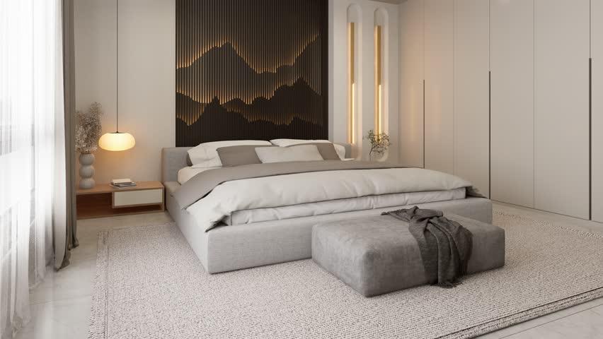 A modern bedroom featuring a large bed, minimalist decor, and a stylish wall design that creates a serene atmosphere. 4K video interior scene 3d rendering.