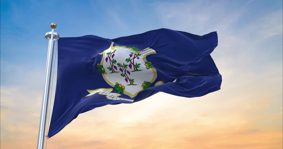 Flag of Connecticut US State realistic waving in the wind with sundown background (Perfect Loop)