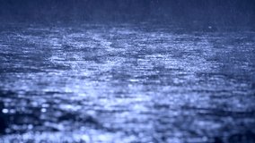 Raindrops creating ripples on a wet surface under dark blue lighting, capturing the serene and rhythmic pattern of rainfall on the ground - Powered by Shutterstock - Get 15% off with code: PIKWIZARD15