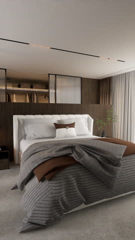 3D Animation, Luxurious Bedroom, Modern Bedroom Stylish Design with Scenic Forest Landscape.