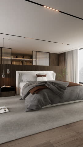 3D Animation, Luxurious Bedroom, Modern Bedroom Stylish Design with Scenic Forest Landscape.
