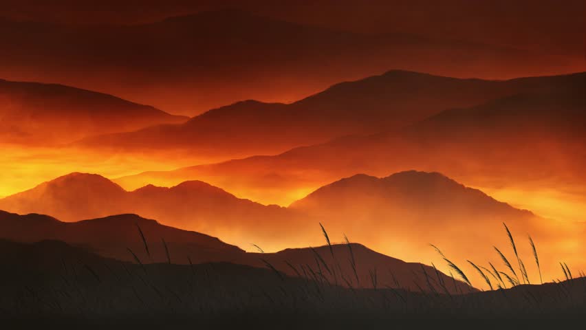 Elephant Silhouettes Smoke Mountains 4K Loop features elephants in silhouette walking across a scene with smoke filled fiery mountains in the background in a loop.
