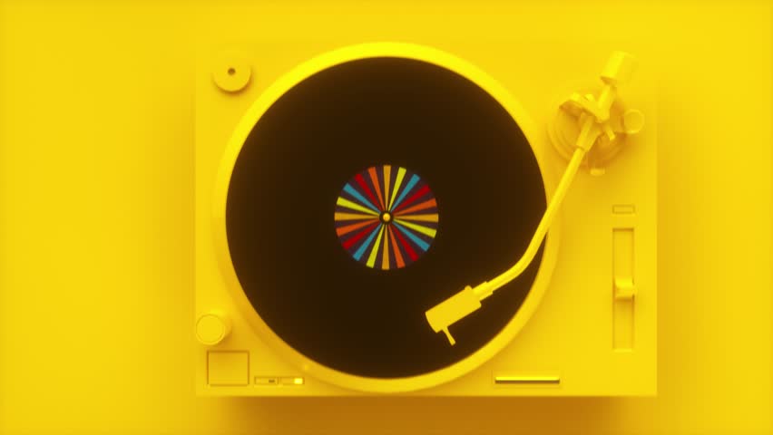 Yellow vinyl record player with music plate. Top view of vinyl disc with popular disco trends 60s, 70s, 80s, 90s, loop 3d animation