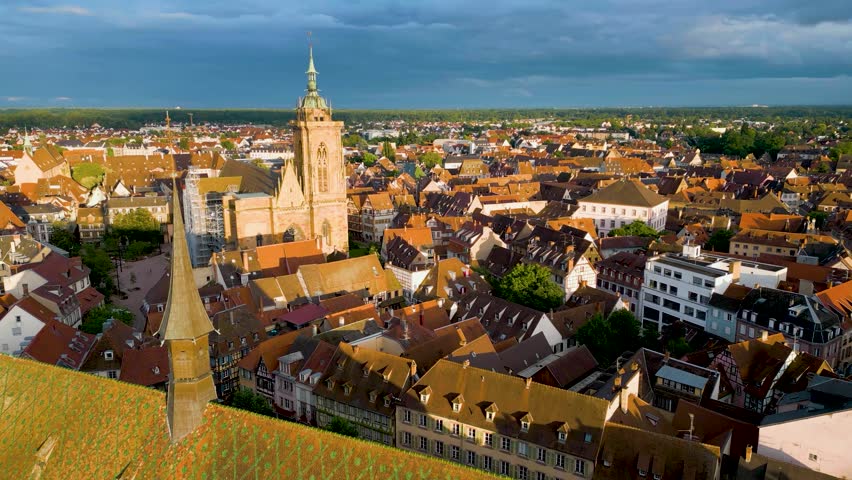 4K Aerial Drone Video of the Historic Collégiale Saint-Martin de Colmar Church in Colmar, France