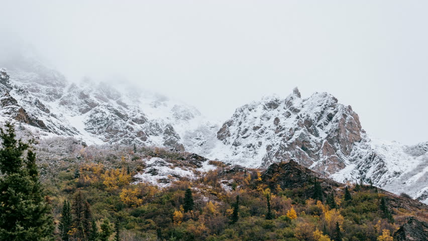 Timelapse of Snowy peaks with clouds blowing over them in Denali National Park, Alaska