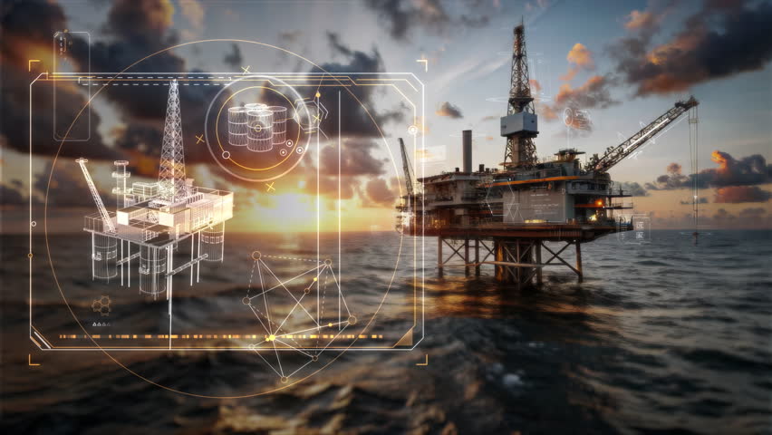 Futuristic hologram monitoring oil platform at sunset - Powered by Shutterstock - Get 15% off with code: PIKWIZARD15
