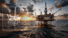 Futuristic hologram monitoring oil platform at sunset - Powered by Shutterstock - Get 15% off with code: PIKWIZARD15