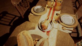 A rustic dining table is beautifully arranged with an assortment of food and drinks, creating an inviting atmosphere for a gathering. Both served and decorative items enhance the experience. - Powered by Shutterstock - Get 15% off with code: PIKWIZARD15