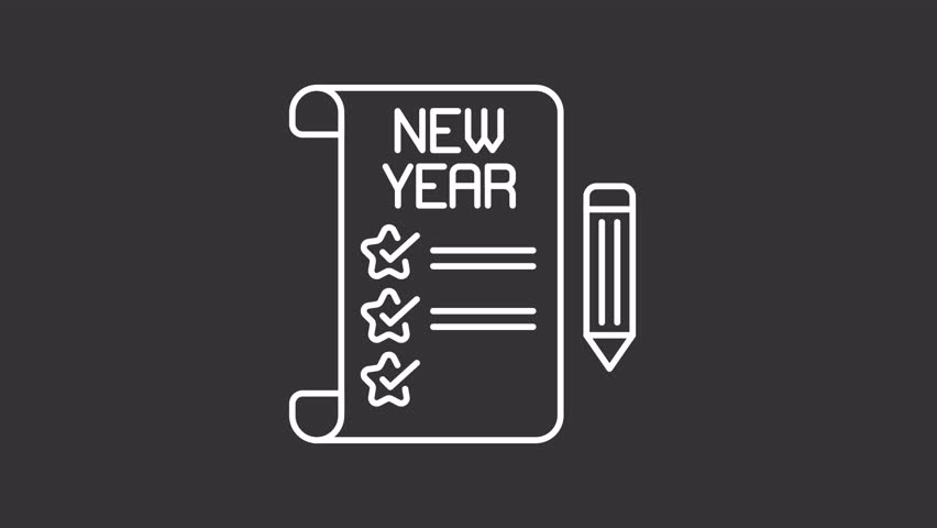 New Year resolution white line animation. Animated checklist icon. Goal setting. Holiday season. Wish-list. Isolated illustration on dark background. Transition alpha video. Motion graphic