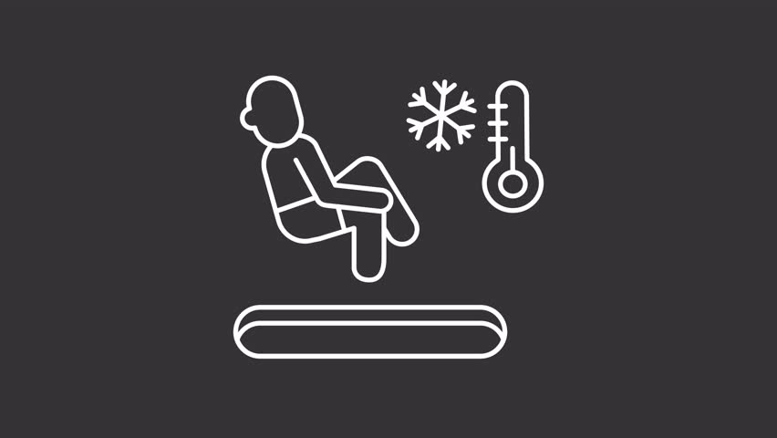 Polar bear plunge white line animation. Animated person jumping in freezing water icon. Winter recreation. Isolated illustration on dark background. Transition alpha video. Motion graphic
