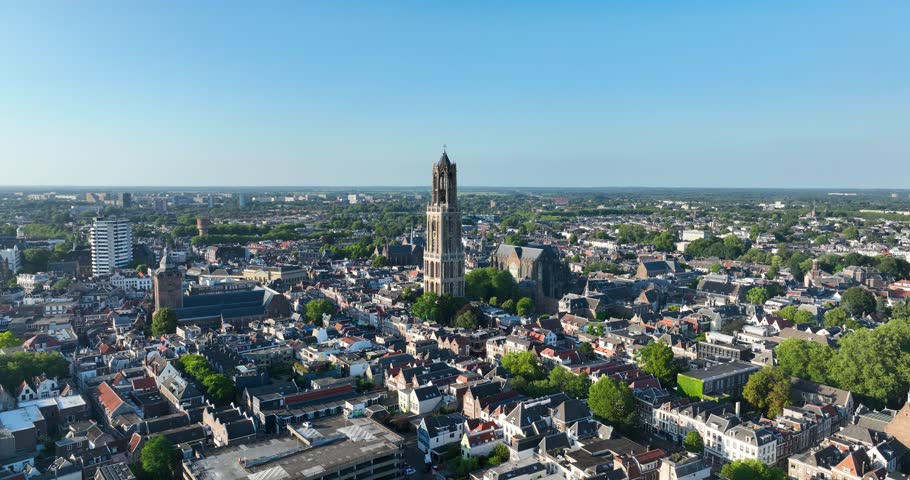 the Dom Tower in Utrecht, The Netherlands. Aerial drone video