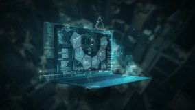 Futuristic laptop displaying hologram interface with data analysis and charts - Powered by Shutterstock - Get 15% off with code: PIKWIZARD15