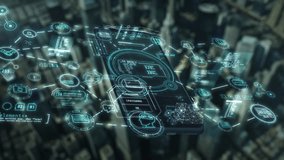 Smartphone connecting various digital services above cityscape - Powered by Shutterstock - Get 15% off with code: PIKWIZARD15