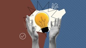 Funny animation of halftone hands holding bright light bulb floating. Trendy halftone business animation. Creative, imagination, technology, innovation, inspiration, futuristic concept. Adroitness. - Powered by Shutterstock - Get 15% off with code: PIKWIZARD15