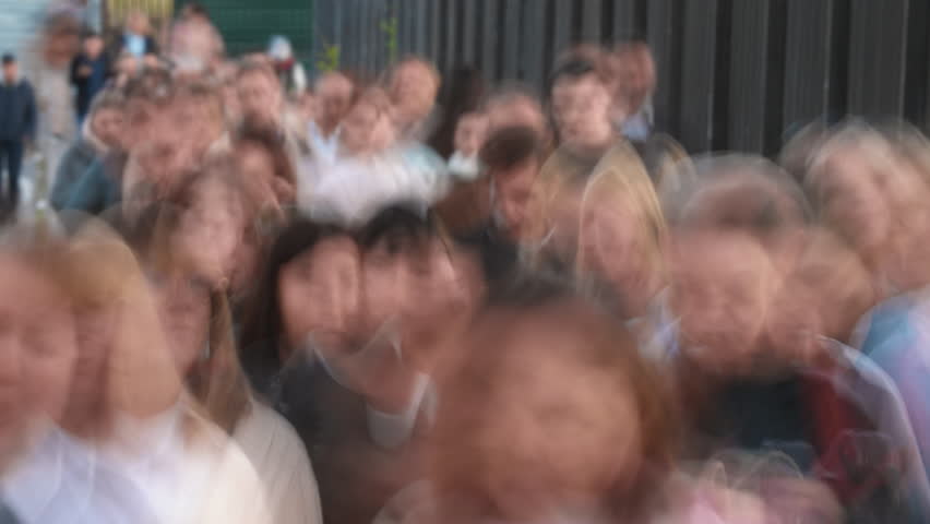 People crowd walk city street time lapse. Lots of busy pedestrians hurry up home, work timelapse. Metropolis rush hour. Life transience concept. Fast urban road. Many citizen run, stroll public place.