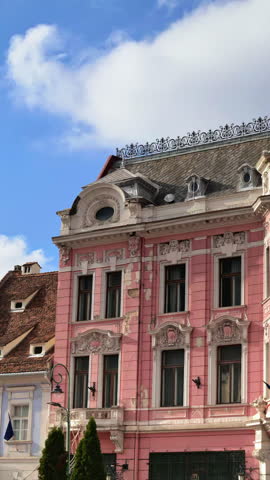 The facade of the Czell Palace historical landmark in Brasov, Romania. Vertical