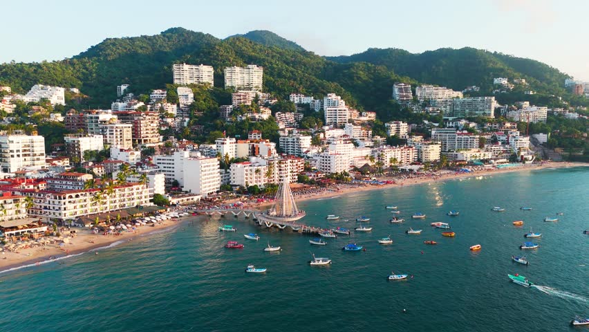 Aerial view of the zona romantica of the city. Popular beach full of tourists