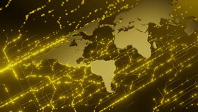 Digital world map with glowing yellow network connections on a dark background. Futuristic technology concept for global communication and data transfer. Abstract 3D rendering with copy space - Powered by Shutterstock - Get 15% off with code: PIKWIZARD15