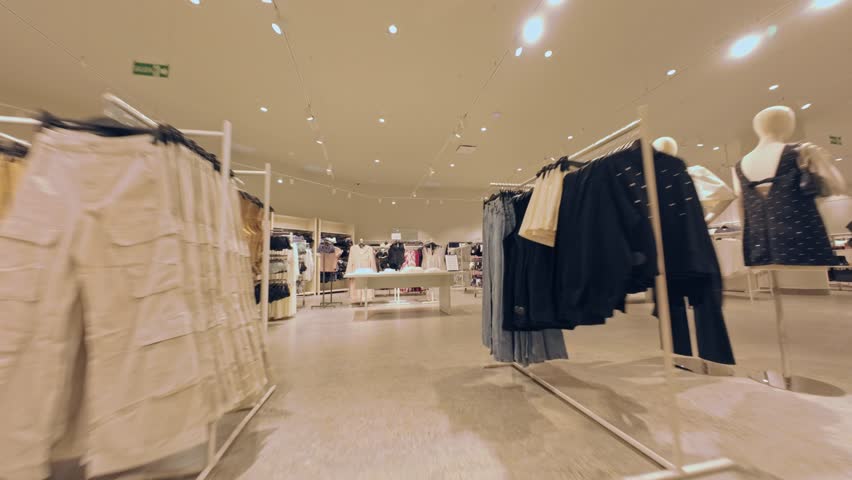 Tour through a lit clothing store, passing between modern fashion shelves, highlighting hanging and displayed garments, creating a dynamic commercial atmosphere with warm lights and elegance