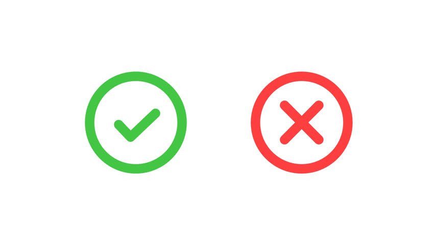 Tick and cross signs. False and true, right and wrong. Correct and incorrect, accept and reject. Green checkmark and red cross icons