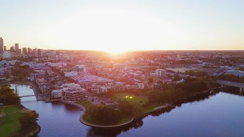 Drone view Perth skyscraper skyline during daylight hours, Western Australia.