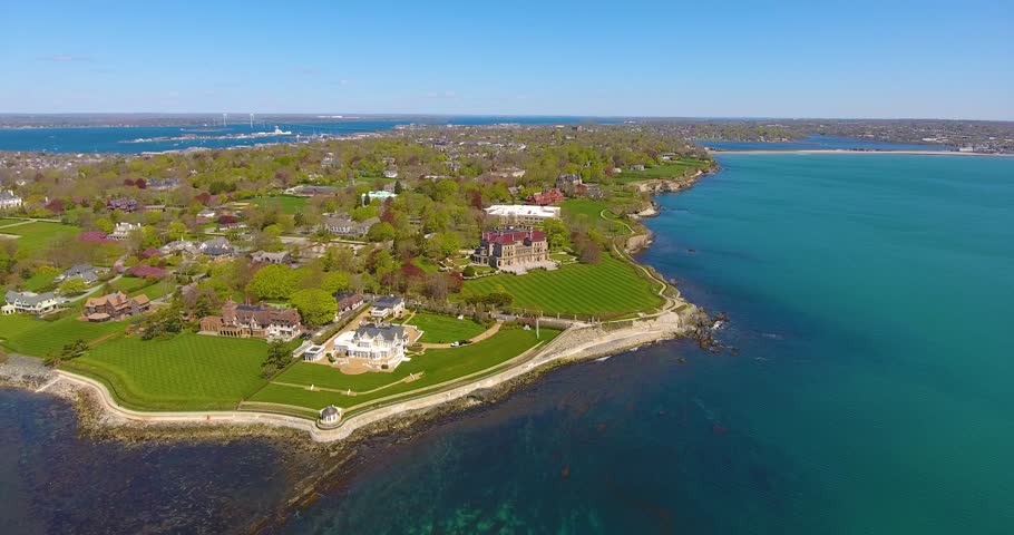 The Breakers and Cliff Walk aerial view at Newport, Rhode Island RI, USA. The Breakers is a Vanderbilt mansion with Italian Renaissance built in 1895 in Bellevue Avenue Historic District in Newport. 