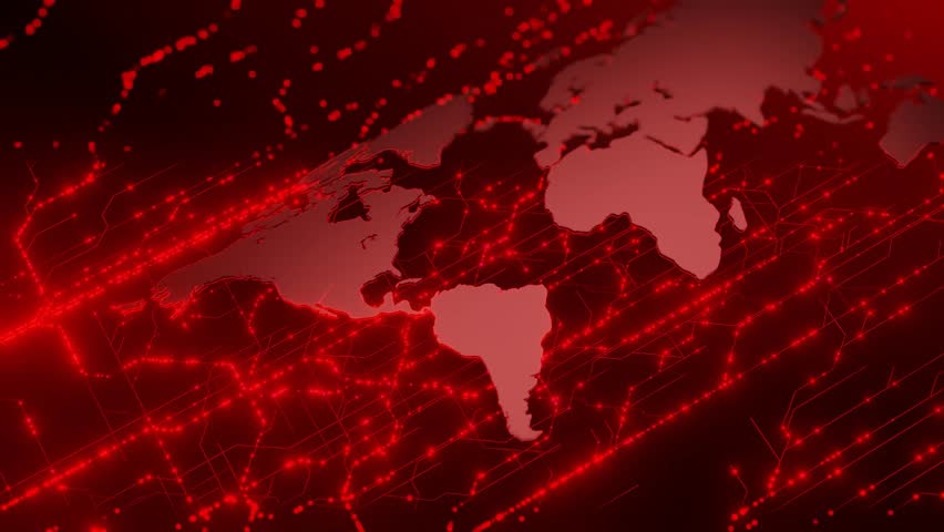Digital world map with glowing red network connections on a dark background. Futuristic technology concept for global communication and data transfer. Abstract 3D rendering with copy space - Powered by Shutterstock - Get 15% off with code: PIKWIZARD15