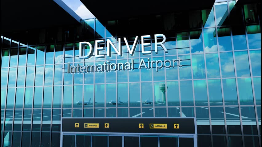 Airlane landing at Denver, USA. Arrival in the city with reflection of airport and aircraft