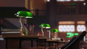 Traditional library with grand interiors featuring bookshelves and study areas, green lamps placed on wooden desks for a vintage aesthetic. Old fashioned charm of scholarly learning. - Powered by Shutterstock - Get 15% off with code: PIKWIZARD15