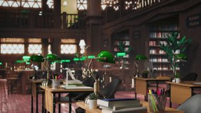 Peaceful empty library featuring wooden shelves and vintage green lamps. The classic architecture and serene study space inspire learning, literacy and intellectual growth. Old fashioned design. - Powered by Shutterstock - Get 15% off with code: PIKWIZARD15