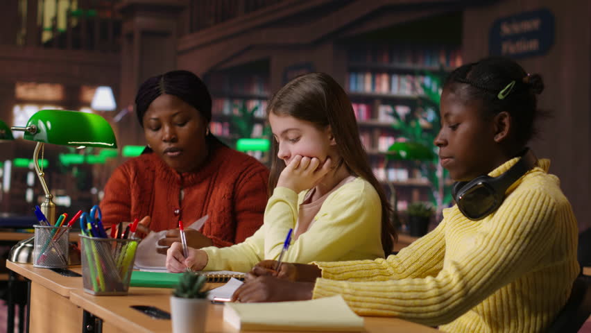 African american professor mentoring diverse students in the library, learning in an academic library filled with curriculum books. Woman tutoring her class pupils on literature subject. Camera B.