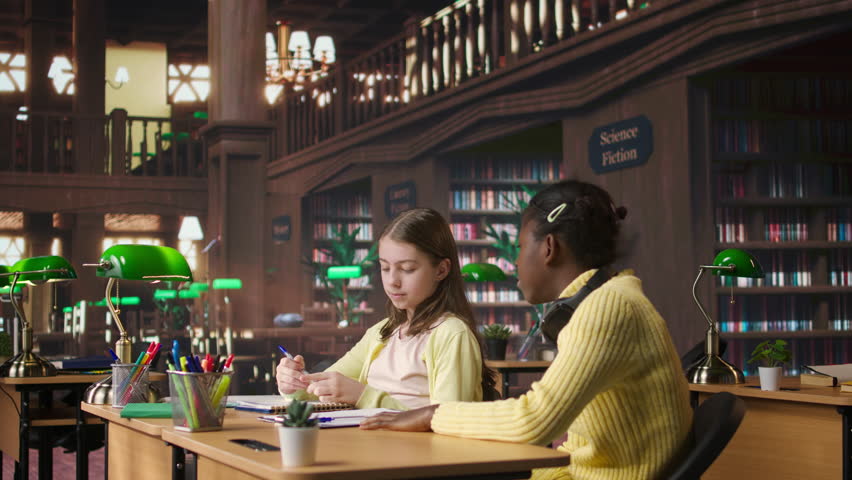 African american private teacher offering support to her students, tutoring them through a lesson plan at a library desk. Tutor providing learning materials, mentoring scholars. Camera A.