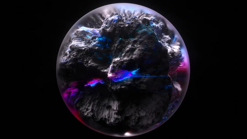 3d render of abstract art video animation with surreal mineral geology ball stone object ocean or asteroid in organic forms in deformation process in the dark in neon glowing blue, purple mix color 