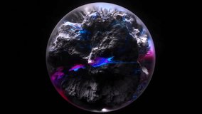 3d render of abstract art video animation with surreal mineral geology ball stone object ocean or asteroid in organic forms in deformation process in the dark in neon glowing blue, purple mix color  - Powered by Shutterstock - Get 15% off with code: PIKWIZARD15