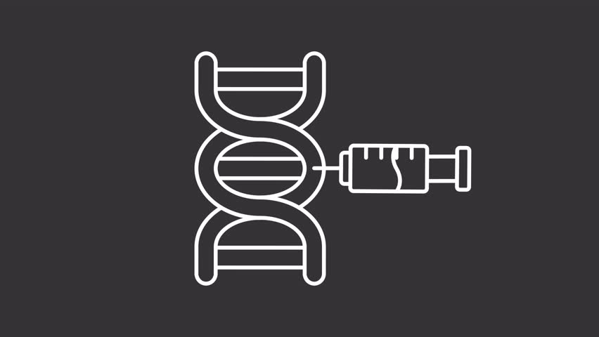 Genetic modification white line animation. Molecular biology animated icon. Moving syringe, rotating. Genome, dna. Isolated illustration on dark background. Transition alpha video. Motion graphic - Powered by Shutterstock - Get 15% off with code: PIKWIZARD15