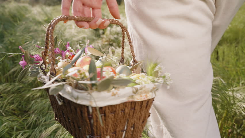 A Hand Carrying a Basket of Flowers and Easter Eggs, with the Woman in White Pants Strolling Through a Sunlit Grassy Field. Slow motion.