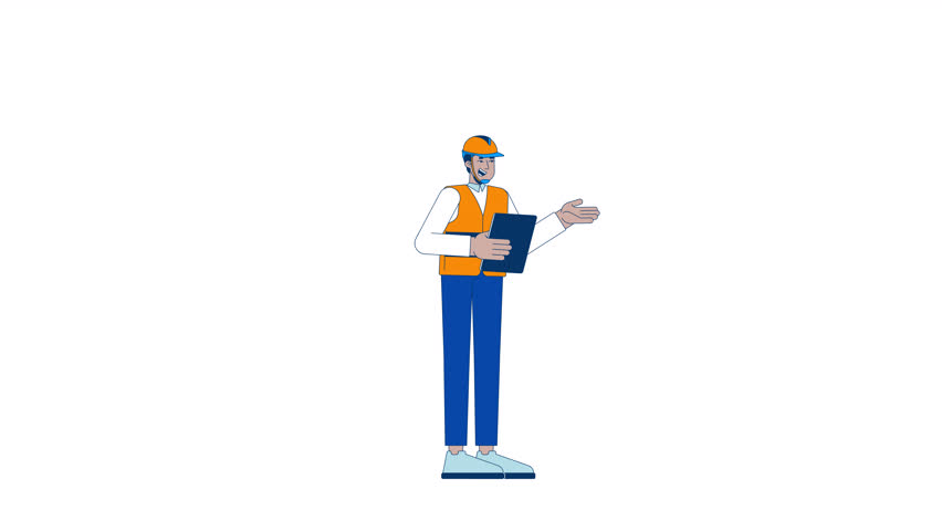 Hardhat indian supervisor giving instructions with tablet 2D character animation. Foreman cartoon 4K video, alpha channel. Safety vest inspector industrial planning animated person on white background