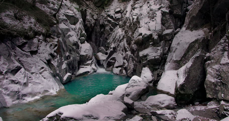 Winter landscape on Ponte Basso waterfalls 