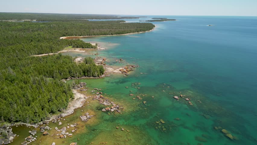 Aerial view of Michigan Upper Peninsula Forest and Coastline on Lake Huron
