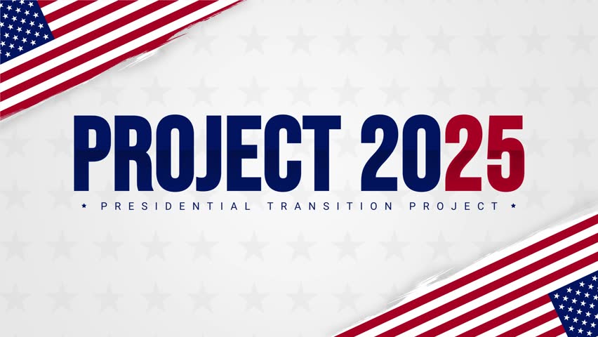 Project 2025, Presidential Transition Project. Presidential election 2024 campaign. Project 2025 with American flag in brush strokes and typography. 4K video animation