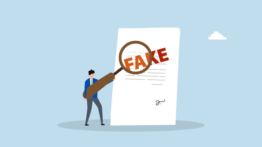 Fake document, 4k animation of clever entrepreneur examiner employing magnifying lens to check counterfeit document. 
