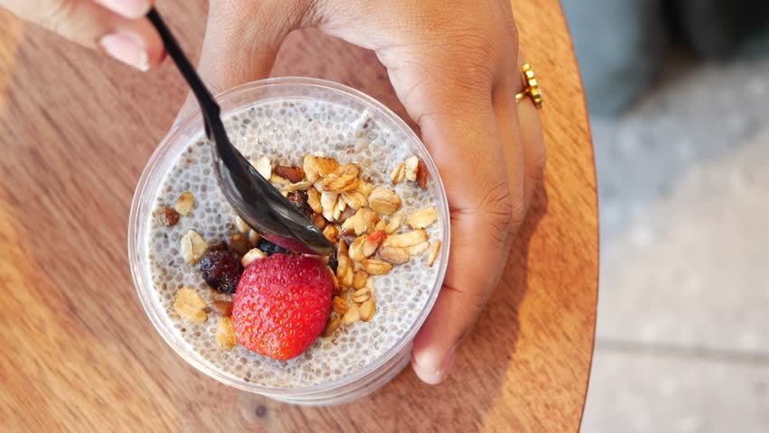 Nutritious Chia Seed Pudding with Granola and Strawberries is a healthy breakfast or dessert