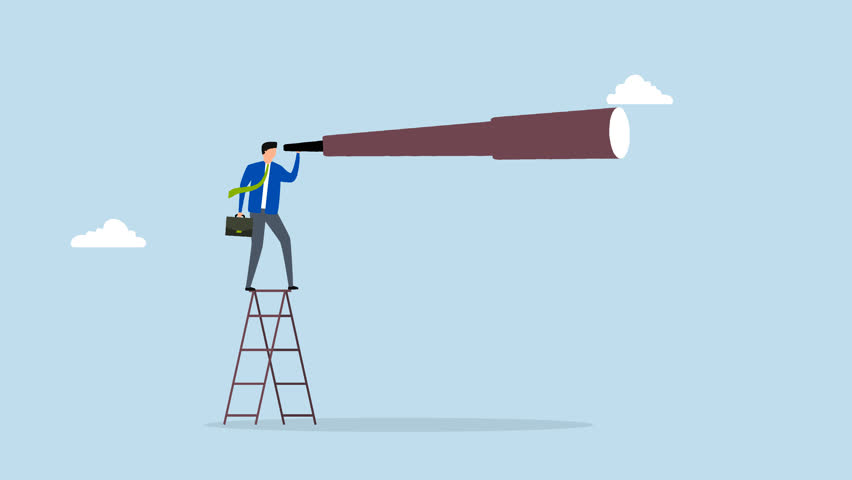 Long term plan or business strategy for far future, 4k animation of entrepreneur peering through large, extended telescope to glimpse the future 