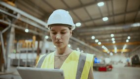 Concentrated female worker wearing safety vest and hard hat, using digital tablet in industrial factory, taking inventory or operating machinery - Powered by Shutterstock - Get 15% off with code: PIKWIZARD15