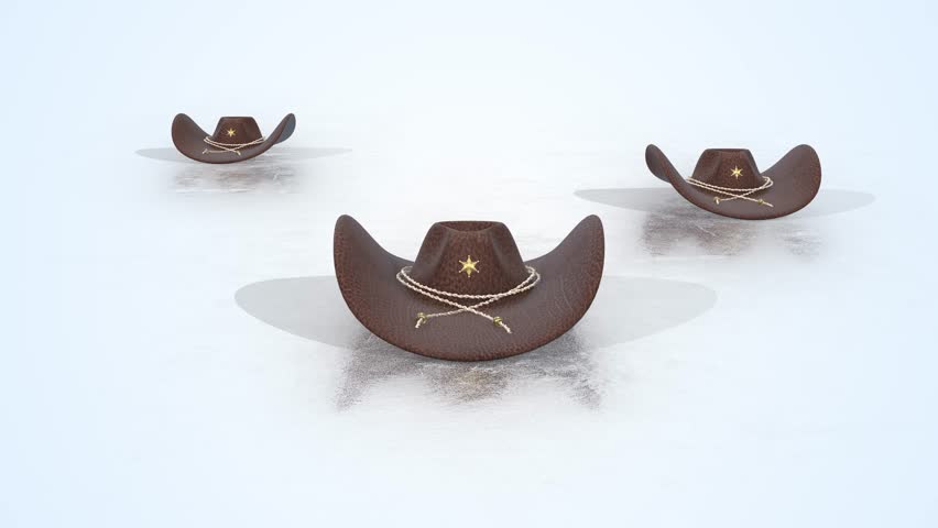Leather Textured Cowboy Hats on a Reflective Floor. Vintage Hats 3D Animations. 4K