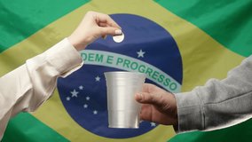 Rich brazilian Woman Throws Coins Into Plastic Cup Of Homeless Man Who Is Asking For alms on brazil flag. Sharing and help each other. Poor life, unemployment, people below poverty line. - Powered by Shutterstock - Get 15% off with code: PIKWIZARD15